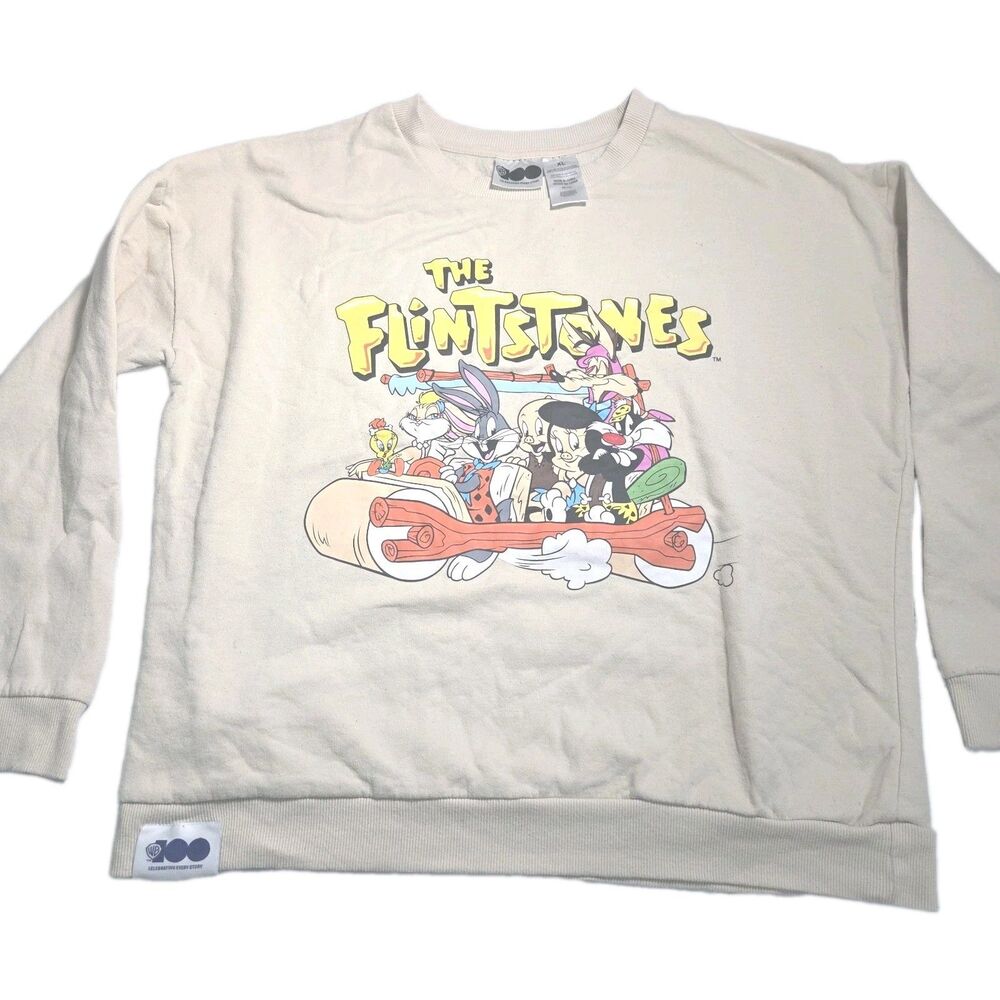 WB 100 Looney Tunes Flintstones Sweatshirt Mens XL Cream Mashup Crewneck Fleece